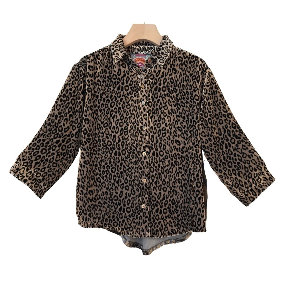 Johnny Was XS Velvet Mixed Animal Print Button Front Blouse Leopard Zebra Boho